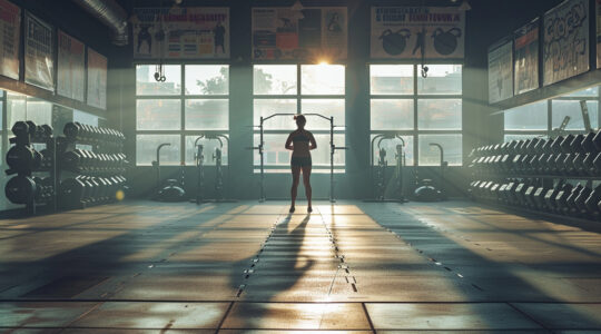 Un nouveau pratiquant de CrossFit effectuant un exercice de levage de poids sous la supervision d'un coach dans une box de CrossFit, démontrant une des stratégies clés pour débutants motivés.