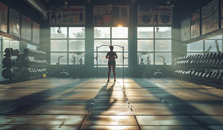 Un nouveau pratiquant de CrossFit effectuant un exercice de levage de poids sous la supervision d'un coach dans une box de CrossFit, démontrant une des stratégies clés pour débutants motivés.