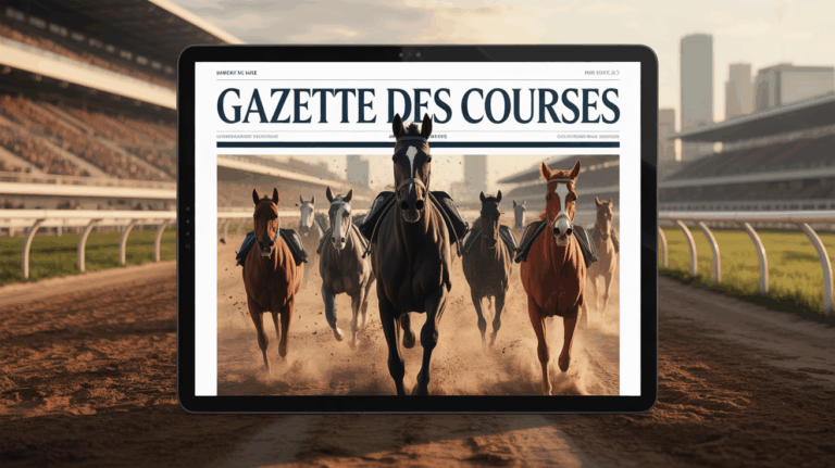 Gazette des Courses sur écran digital, ambiance hippique moderne