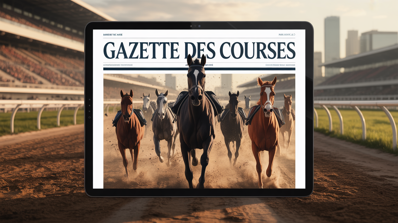 Gazette des Courses sur écran digital, ambiance hippique moderne