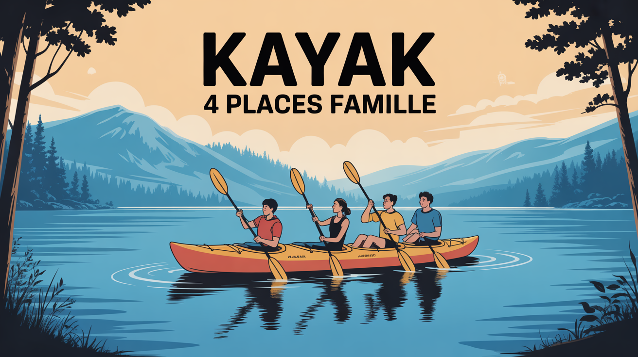 Famille en kayak 4 places sur lac bleu calme