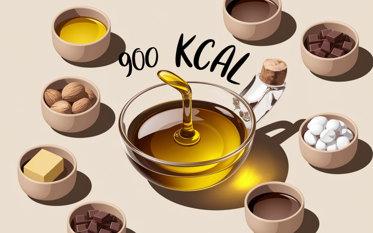 cuillère versant huile 900 kcal en gros plan