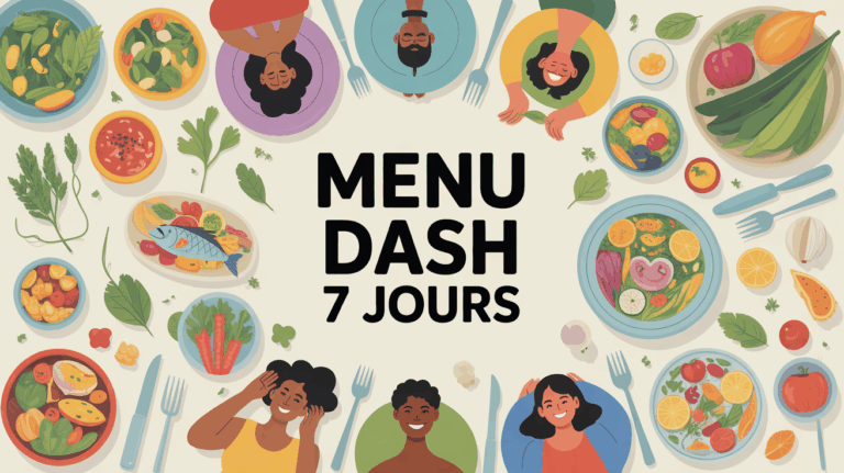 Menu DASH 7 jours grande assiette plats sains silhouettes illustration
