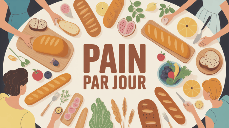 Variétés de pains sur table avec légumes et fruits, ambiance cuisine