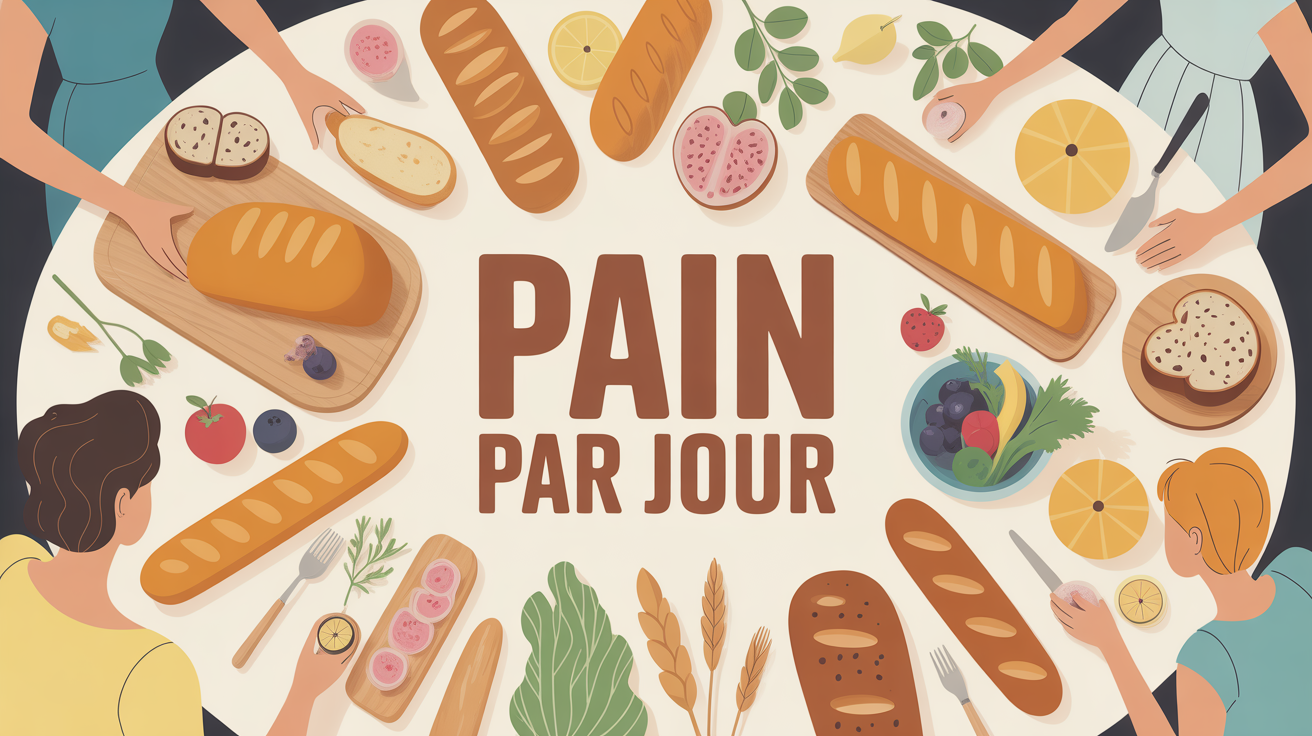 Variétés de pains sur table avec légumes et fruits, ambiance cuisine