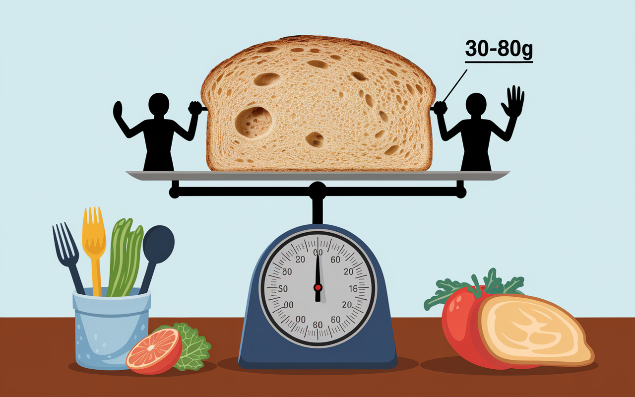 Tranche pain complet sur balance, portion main, 30 80g