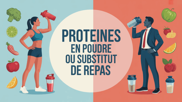 Illustration comparant protéines en poudre et substitut de repas, sportifs et professionnels avec shaker