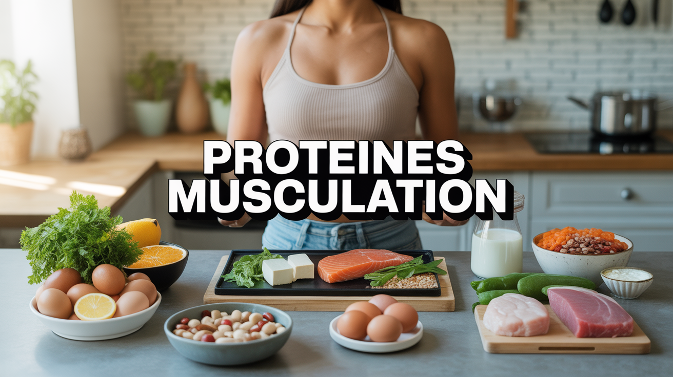 Aliments riches en proteines et haltere sur table de cuisine