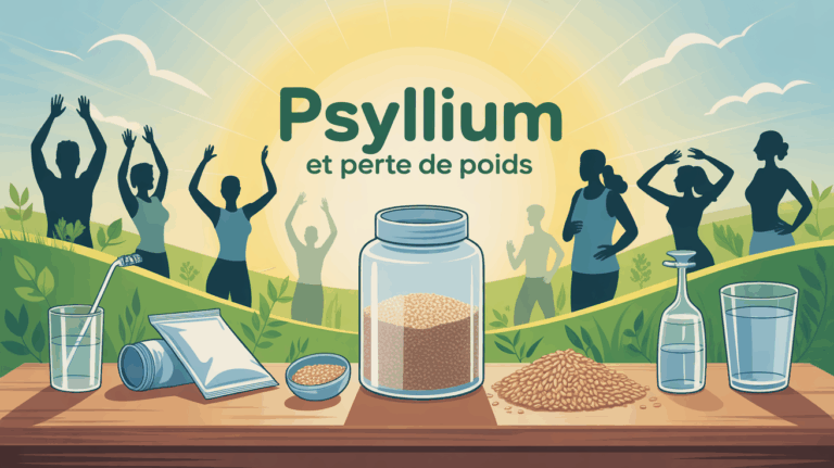Table avec psyllium, graines et eau, silhouettes souriantes, texte psyllium et perte de poids