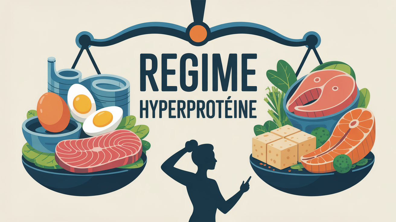 Regime hyperproteine illustration balance et aliments proteines