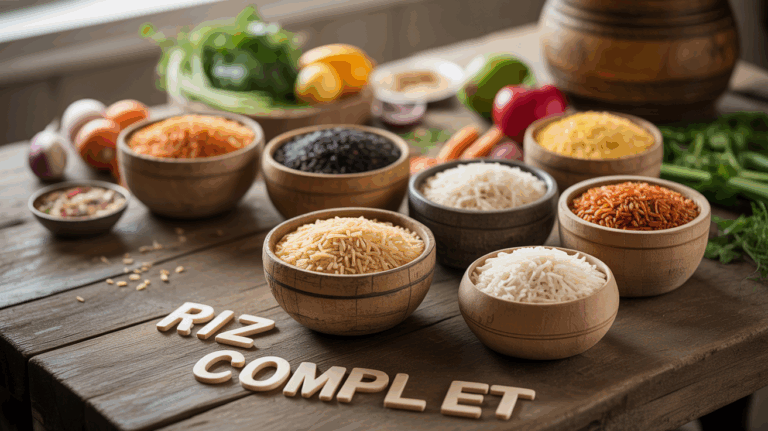 Différents riz complets santé dans bols en bois, ambiance naturelle