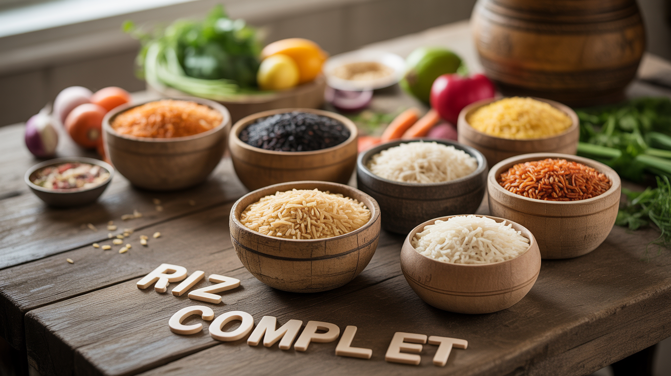 Différents riz complets santé dans bols en bois, ambiance naturelle