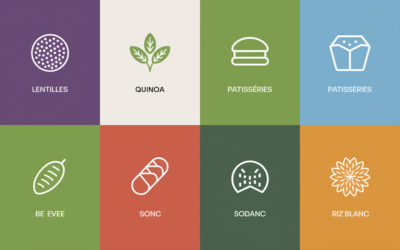 Aliments IG bas vs IG eleve lentilles quinoa pain blanc
