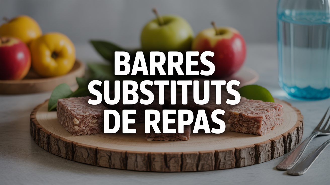 Barres substituts de repas avec fruits et eau sur plateau