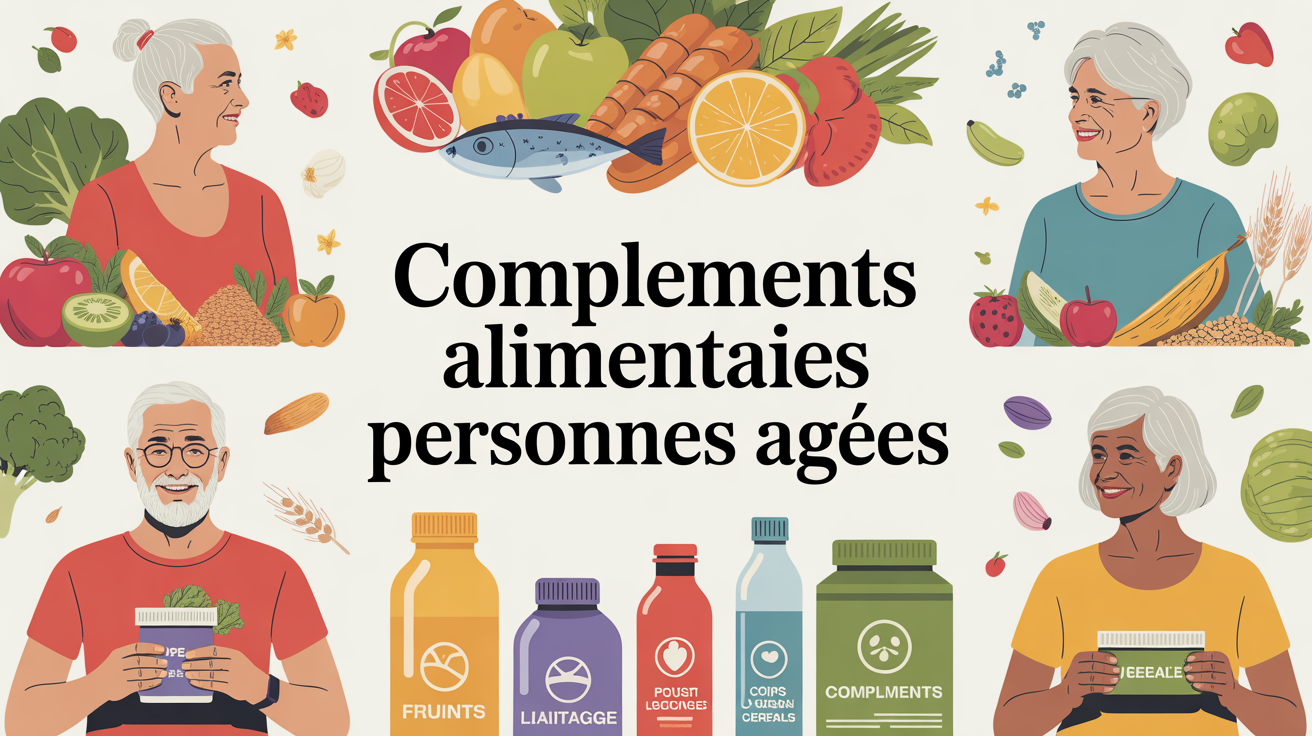 Illustration seniors aliments sains compléments alimentaires