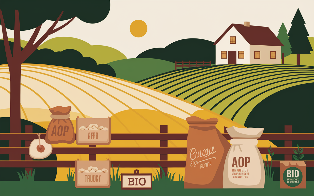 Paysage français indiquant les labels AOP et bio pour les noix
