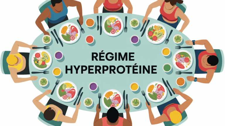 Table repas regime hyperproteine, personnes sportives, assiettes protéines, légumes, eau
