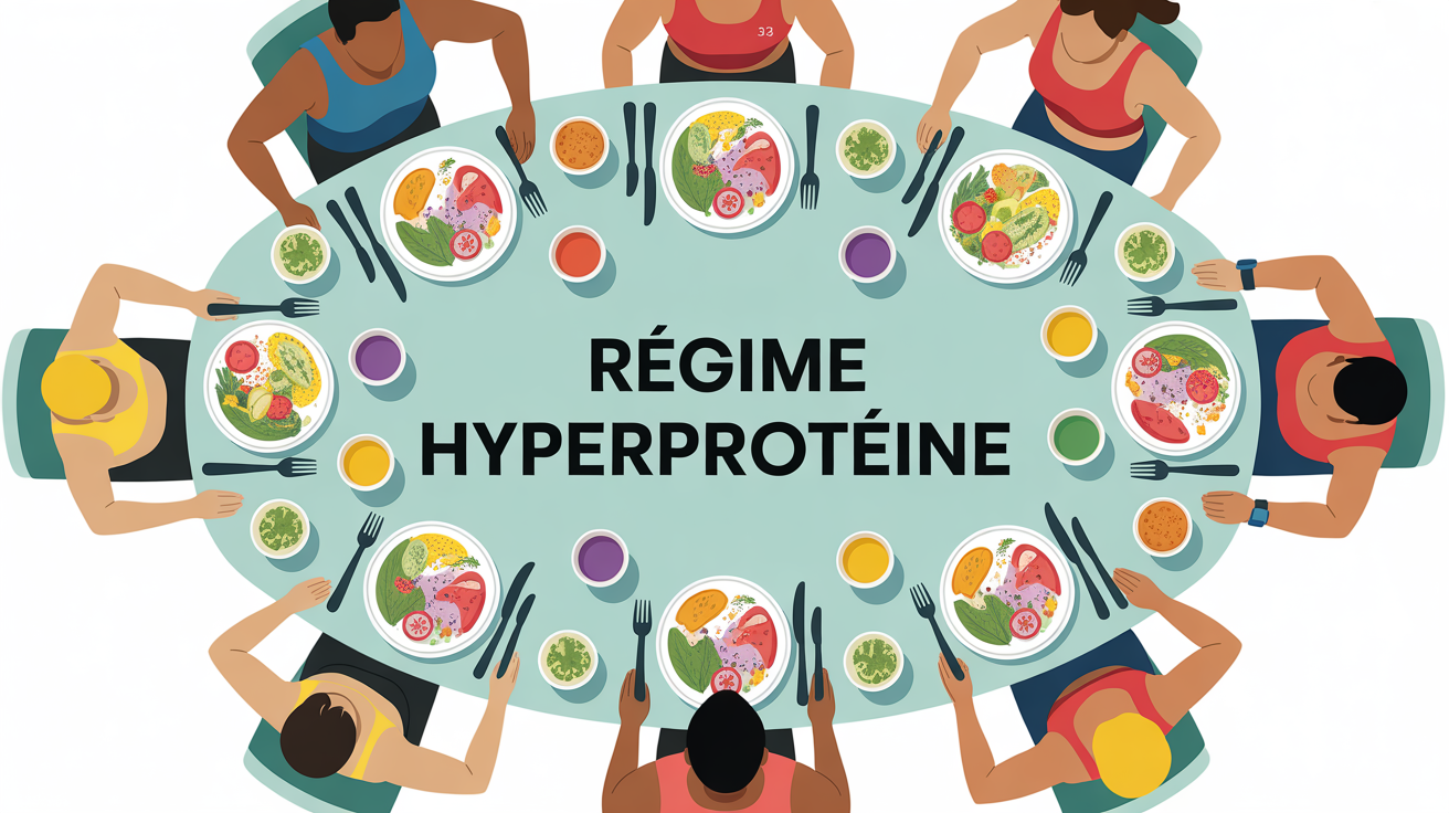Table repas regime hyperproteine, personnes sportives, assiettes protéines, légumes, eau