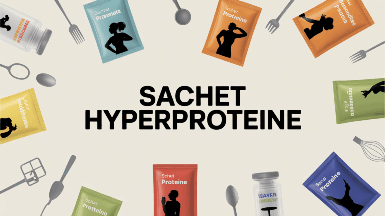 Assortiment sachets hyperprotéinés sur fond clair avec silhouettes actives