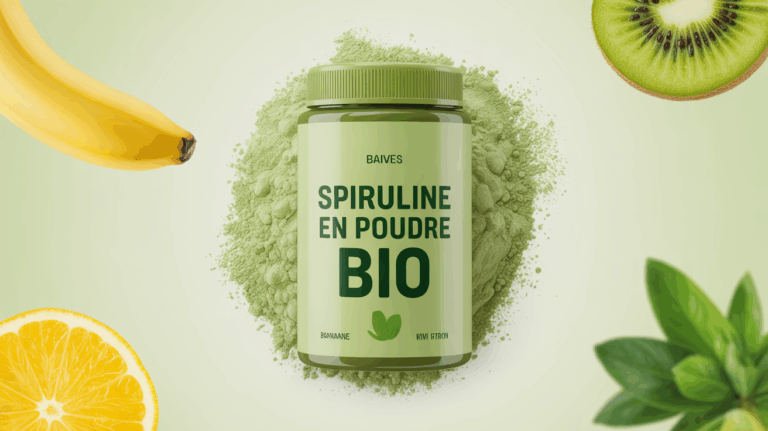Spiruline en poudre bio cuillere avec aliments naturels