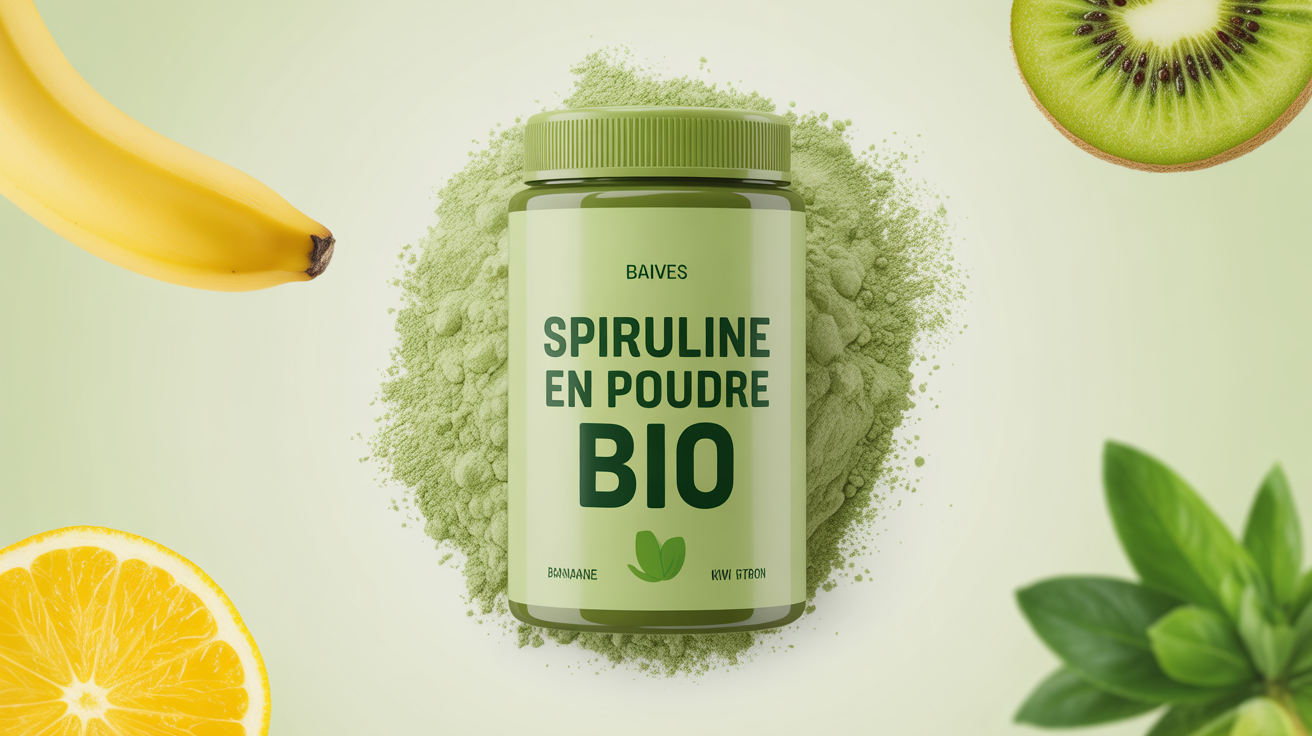 Spiruline en poudre bio cuillere avec aliments naturels
