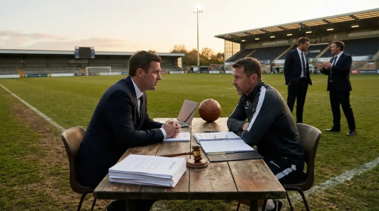 Agent football et joueur signant contrat sur terrain