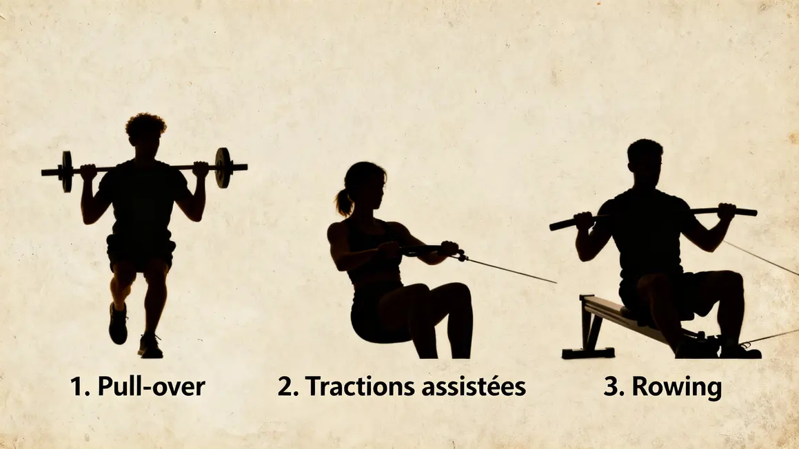 silhouettes exercices pull-over tractions rowing grand dorsal