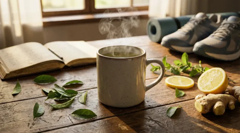 tasse infusion brûle-graisse maison sur table avec the vert citron gingembre menthe