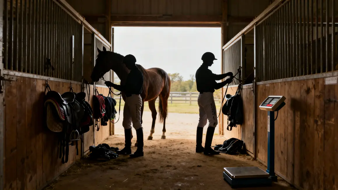 jockey préparant cheval pesée écurie