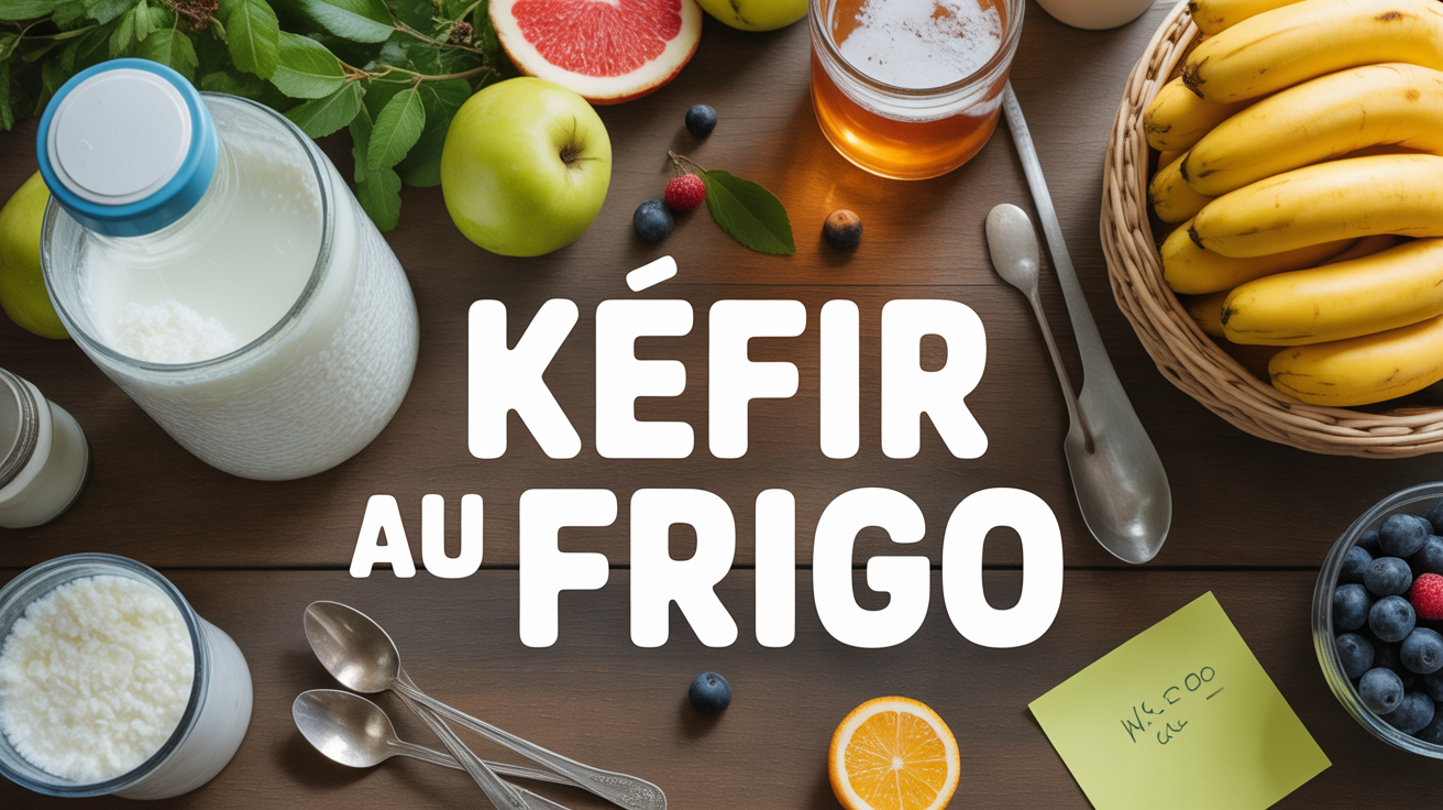 bocal kefir au frigo sur table bois avec fruits et eau sucrée