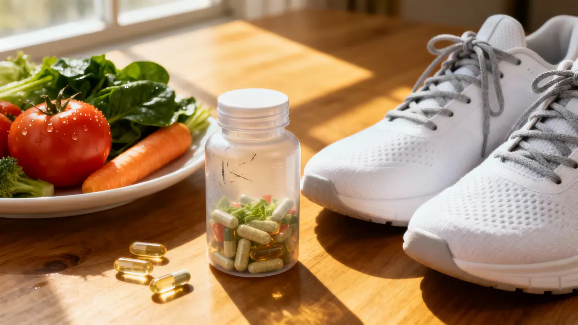 Pilulier Miniweight brûle-graisse près assiette saine et chaussures sport