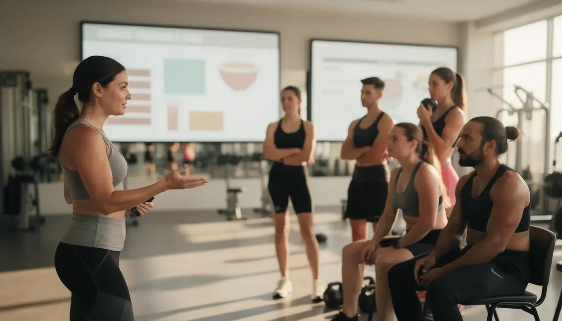 nutritionniste sportif donne conseils à des athlètes en salle