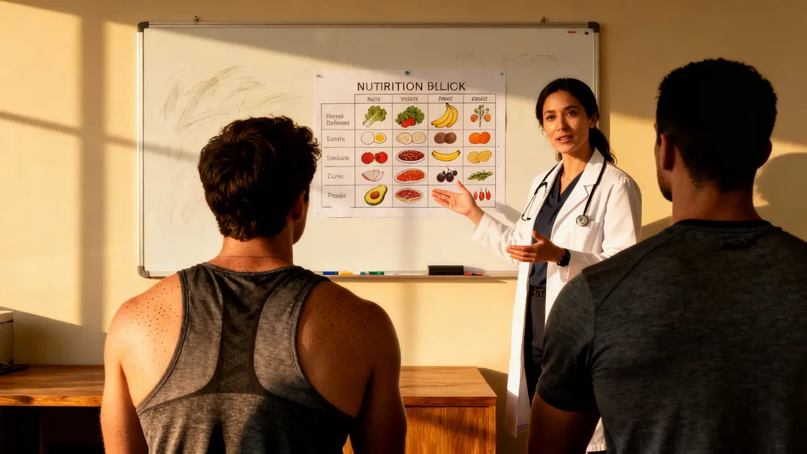 nutritionniste sportif explique alimentation à un coach et un sportif