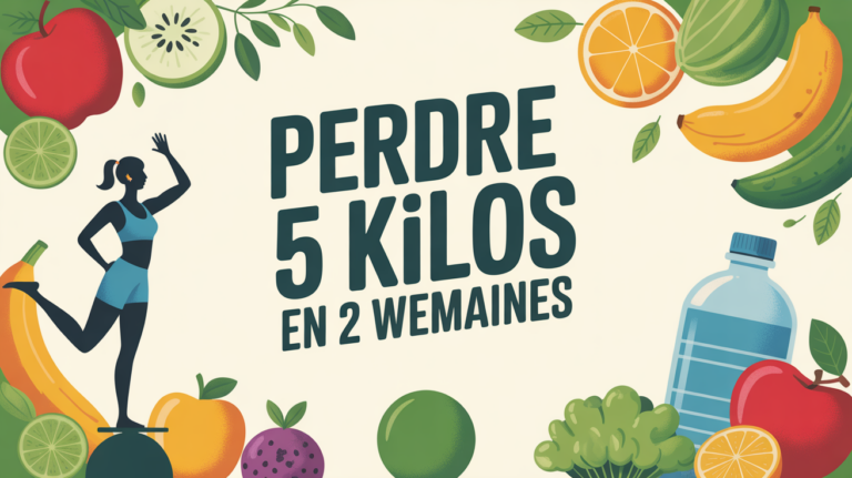 silhouette sur balance avec fruits legumes et texte perdre 5 kilos en 2 semaines