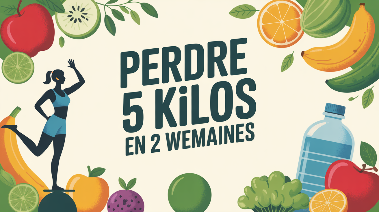 silhouette sur balance avec fruits legumes et texte perdre 5 kilos en 2 semaines