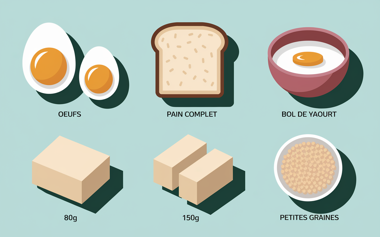 Aliments pour petit-déjeuner salé : oeufs, pain complet, tofu, yaourt, graines