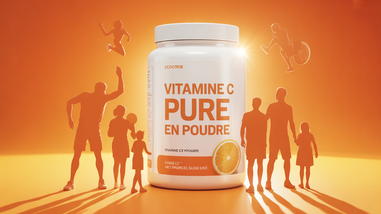 Boîte vitamine C pure en poudre entourée de sportifs, famille et seniors