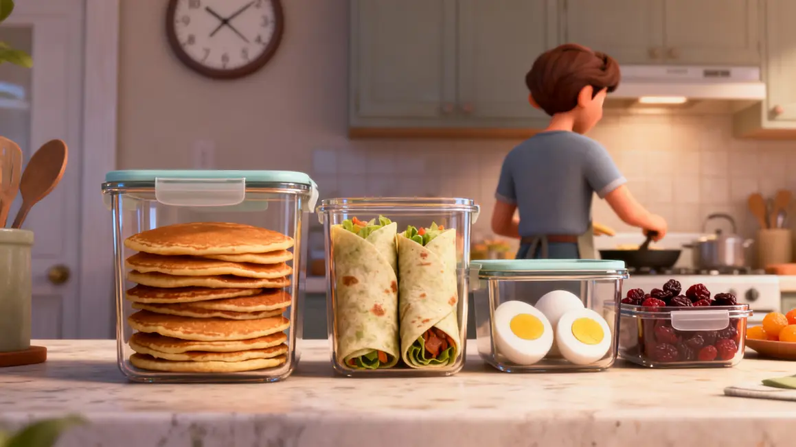 Batch cooking pancakes wraps oeufs durs sur plan travail