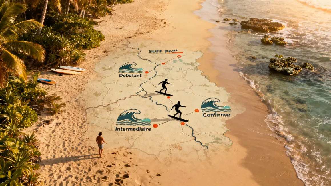 Carte stylisée des spots surf Guadeloupe niveaux et emplacements