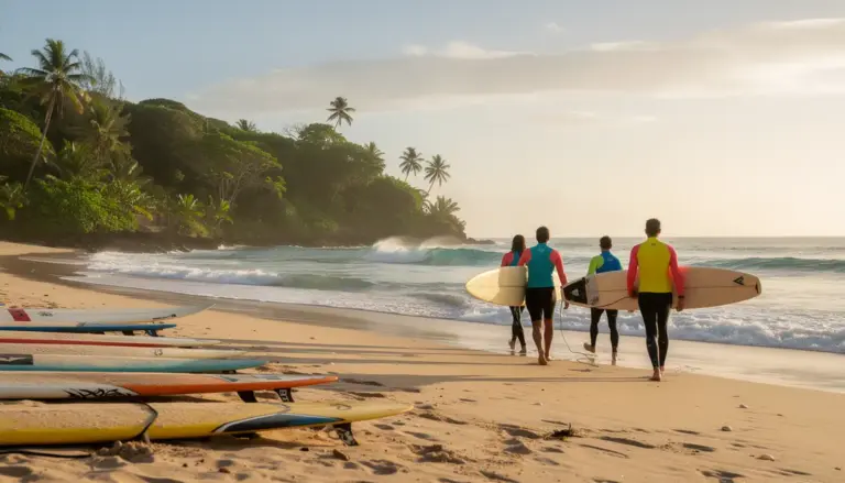 Surfeurs et vagues parfaites sur plage tropicale Guadeloupe