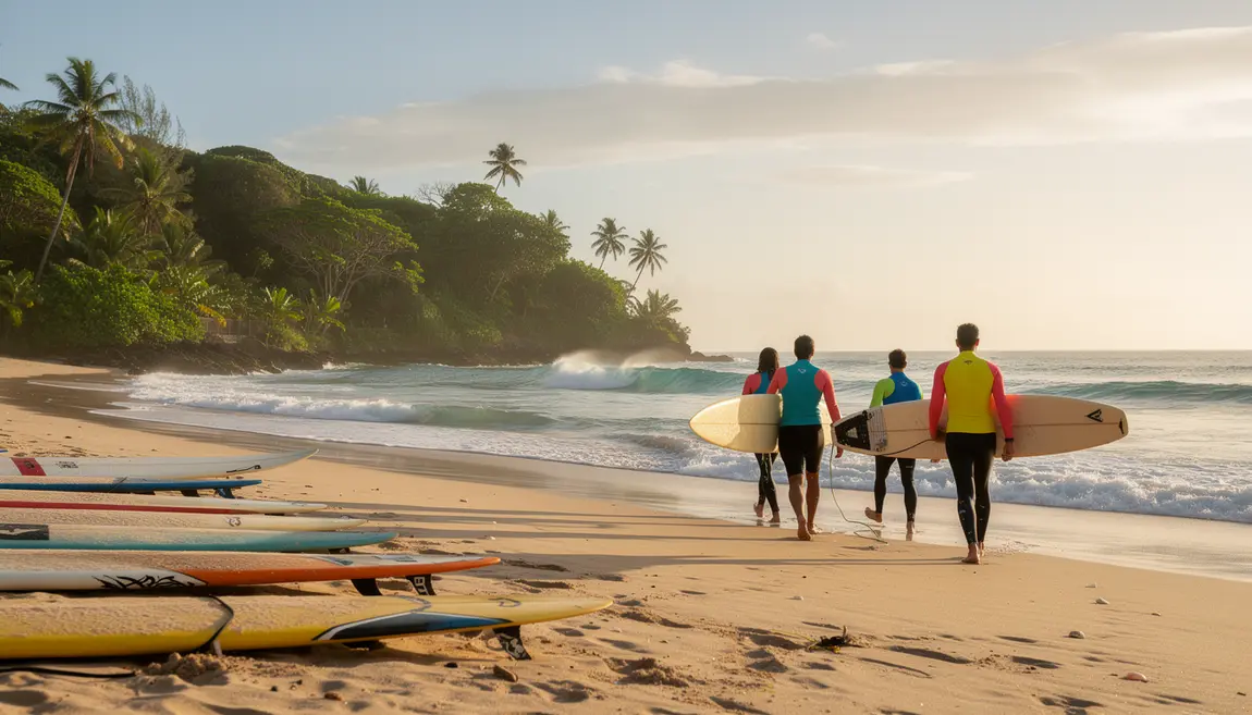 Surfeurs et vagues parfaites sur plage tropicale Guadeloupe