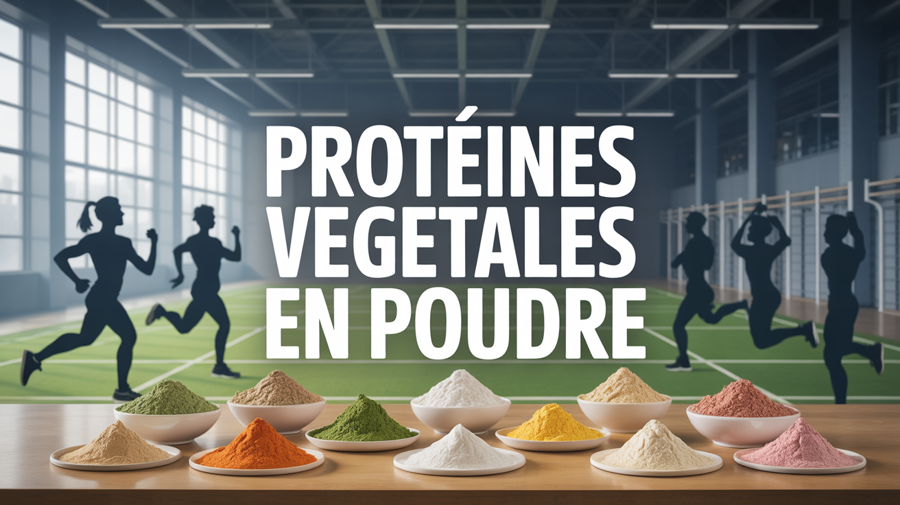 proteine en poudre vegetale sur table salle de sport silhouettes