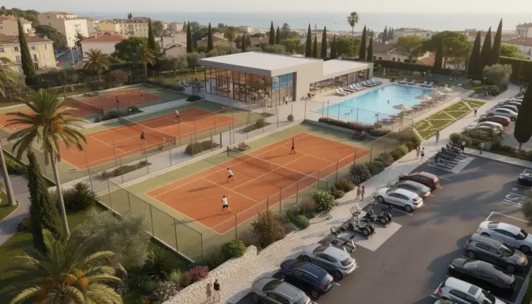 Vue aerienne club tennis padel Nice terrains et piscine