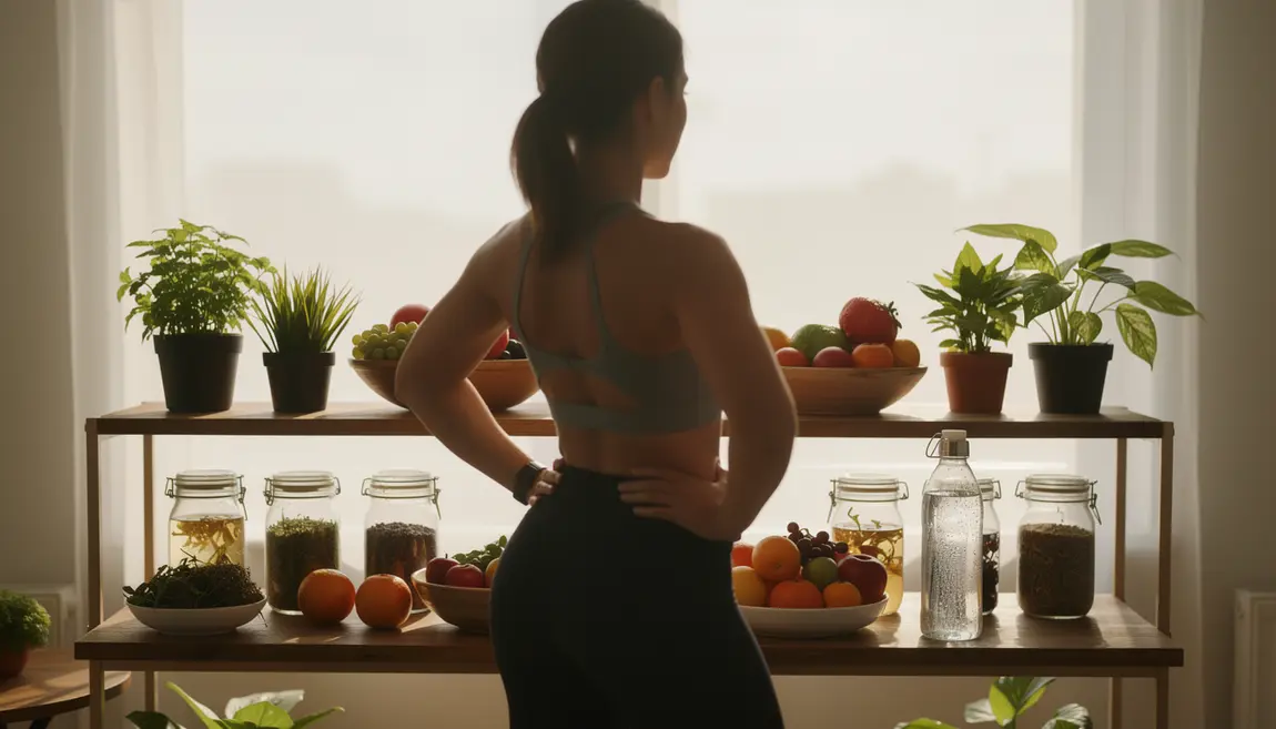 silhouette sportive devant aliments plantes et eau pour ventre plat