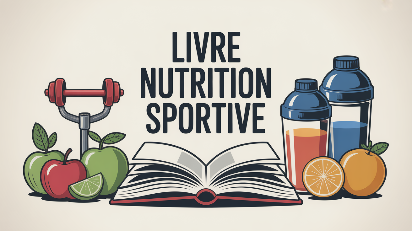 Livre sur la nutrition sportive avec haltères et fruits illustration