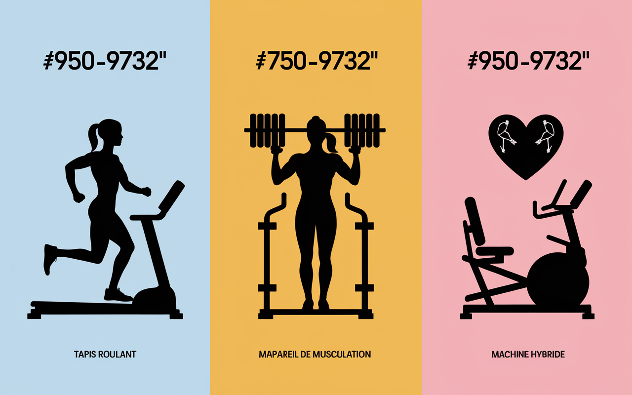 Trois types de machine en salle de sport cardio musculation hybride pictogrammes