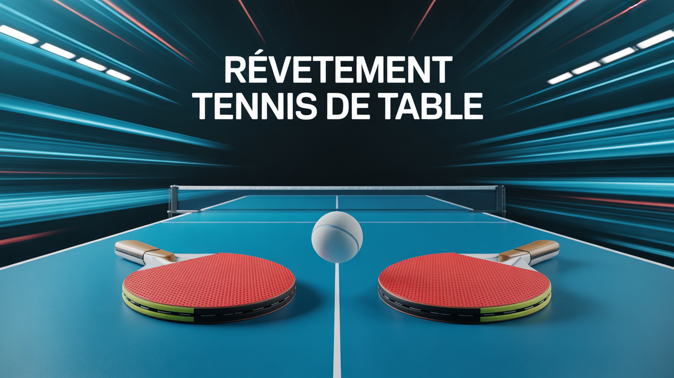 Tableau comparatif revêtement tennis de table, raquettes, balle, pictogrammes, ambiance compétition