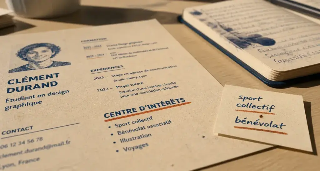 centre d intérêt cv : CV avec loisirs et bénévolat, photo sur bureau