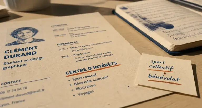 centre d intérêt cv : CV avec loisirs et bénévolat, photo sur bureau