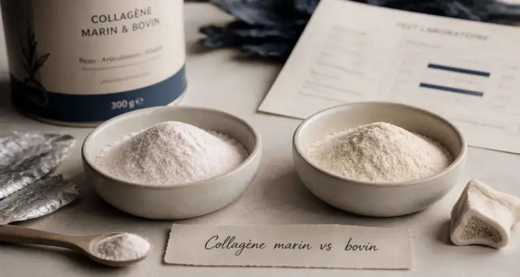 Difference collagene marin et bovin : collagène marin vs bovin, poudre en bols